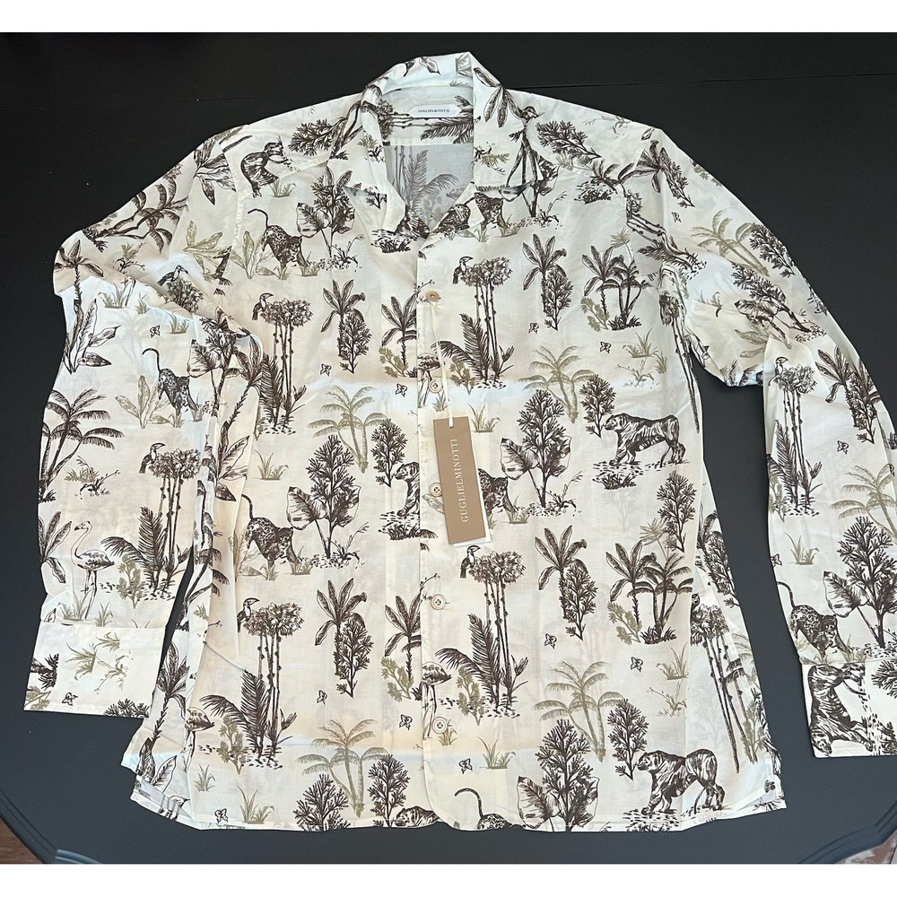 Guglielminotti NWT Dress Shirt Size M White w/ Brown Jungle‎ Print Cotton Long